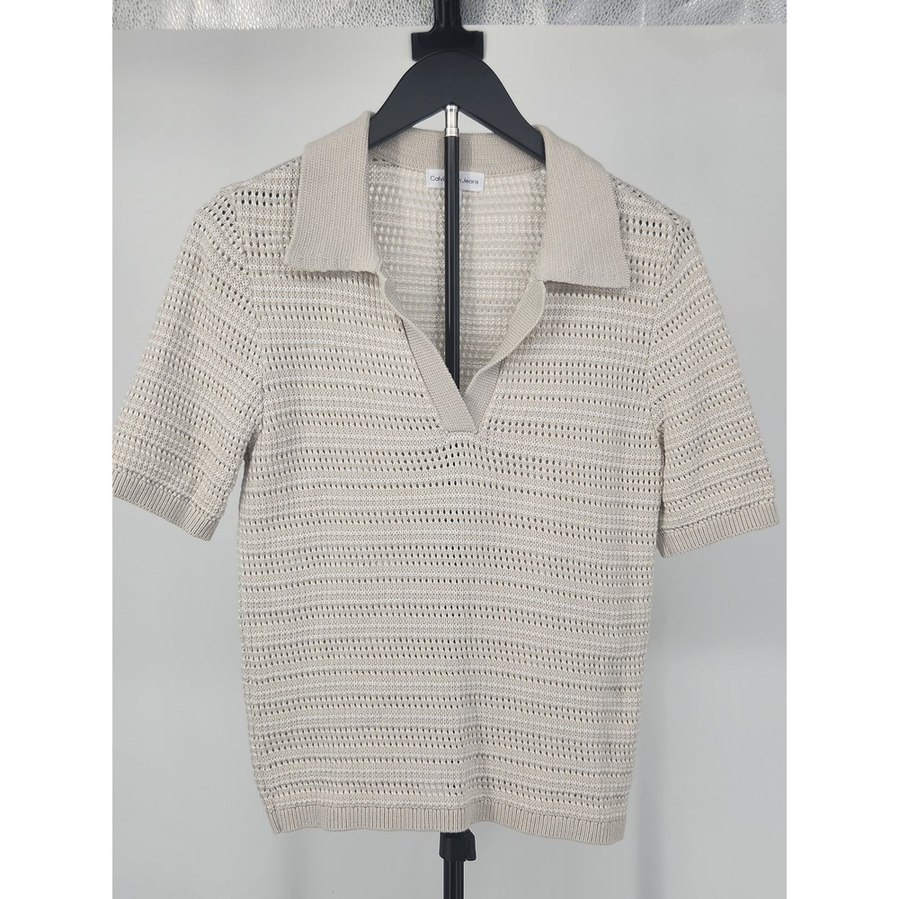 Calvin Klein Jeans Womens Medium Beige Cotton Pointelle Knit Polo Shirt Top